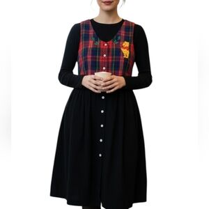 Vintage Black Red Disney Winnie Pooh Plaid Embroidered Christmas Maxi Dress M